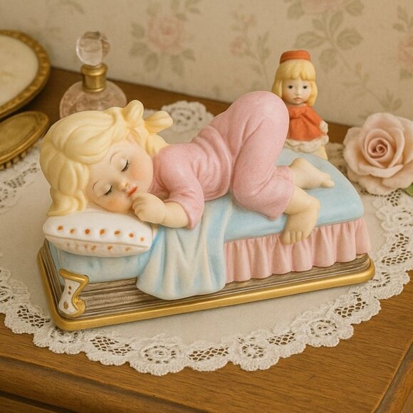 Little Girl Sleeping Music Box Love Story Vintage Retro Bedroom Nursery Decor - Picture 15 of 15